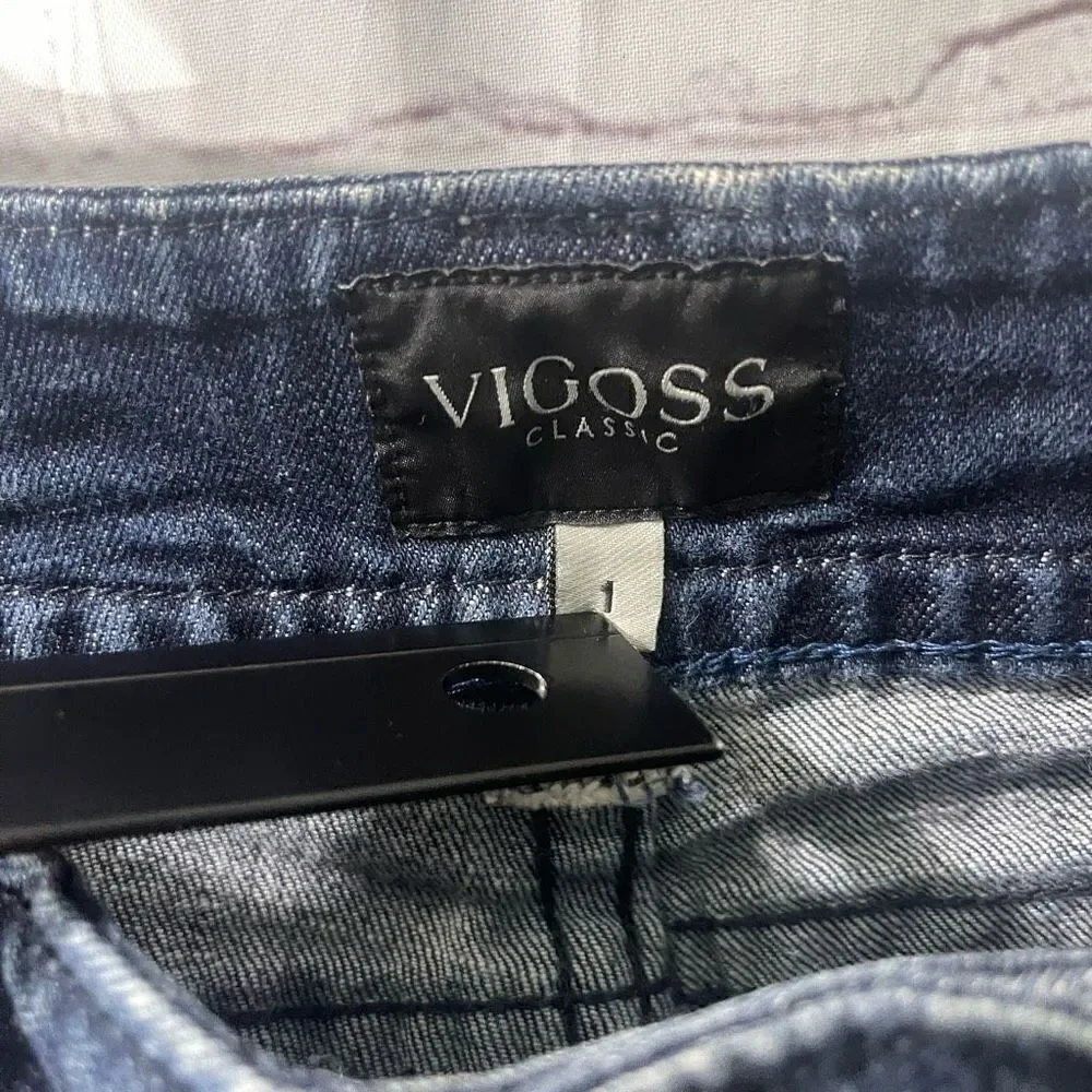Vigoss Womens Mid Rise Wide Flare Dark Wash Denim Blue Jeans Trousers